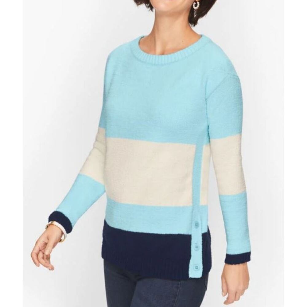 Talbots Chenille Sweater Ivory Blue Color Block Size S Side Buttons Crew Neck